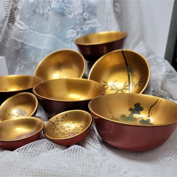 Vintage Wood Lacquer Bowl Set 11 Pc Set SZK - Picture 12 of 16